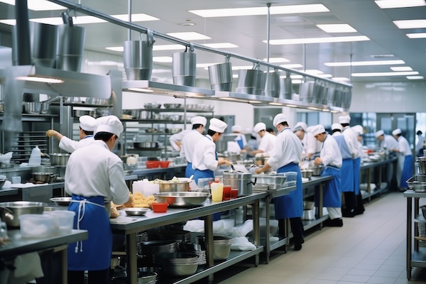 Lots of people working in a professional kitchen.