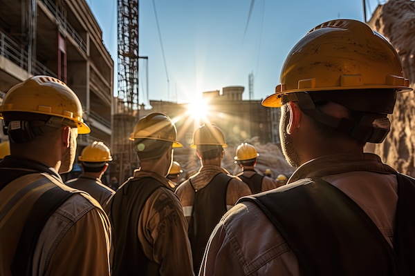 group of laborers standing in regimented order, yellow helmets with labor, construction site with concrete structures in the background
